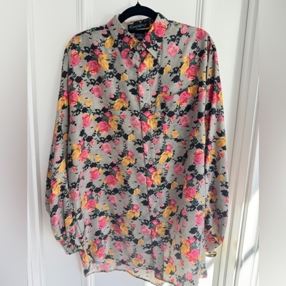 100% Silk Oversized Button-Down Long Sleeve Tunic Top Size Small